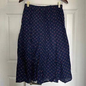 Vintage Floral Print Navy Blue Midi Skirt (S) (Vintage)